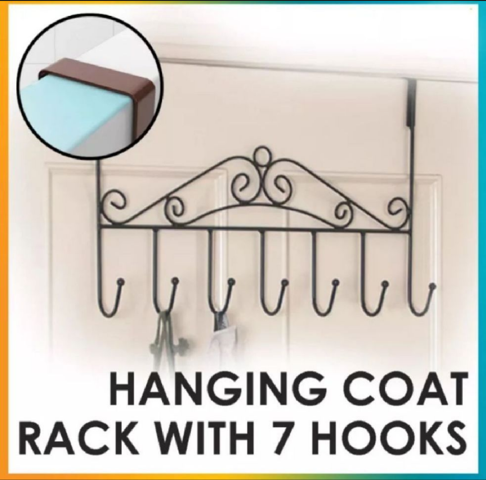 Over Door Hanger with 7 Hooks Metal Over the Door Towel Hook Organizer, Hanging Storage Rack for Hat, Coats, Purses, Scarves, Clothes, Jackets, Belt, Bedroom, Bathroom, Closet