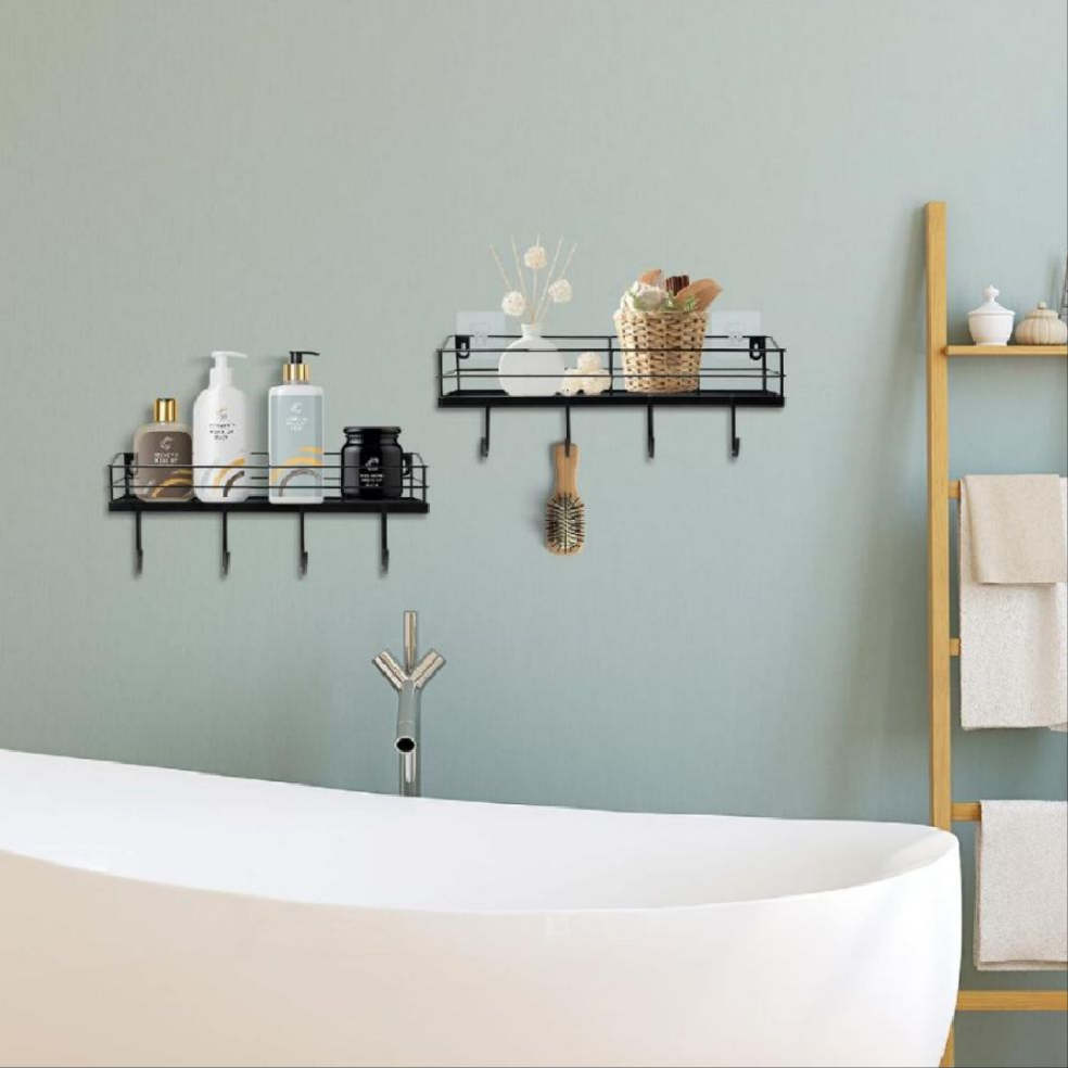 Organize Your Bathroom: Wall-Mounted Storage Shelf/Rack with Iron Hooks