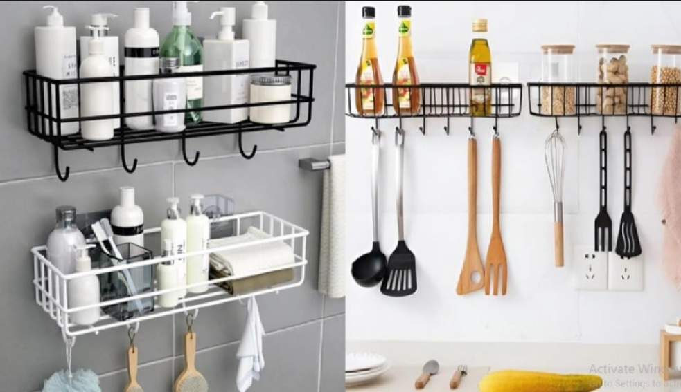 Organize Your Bathroom: Wall-Mounted Storage Shelf/Rack with Iron Hooks