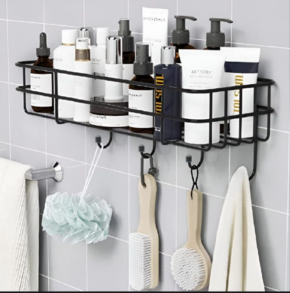 Organize Your Bathroom: Wall-Mounted Storage Shelf/Rack with Iron Hooks