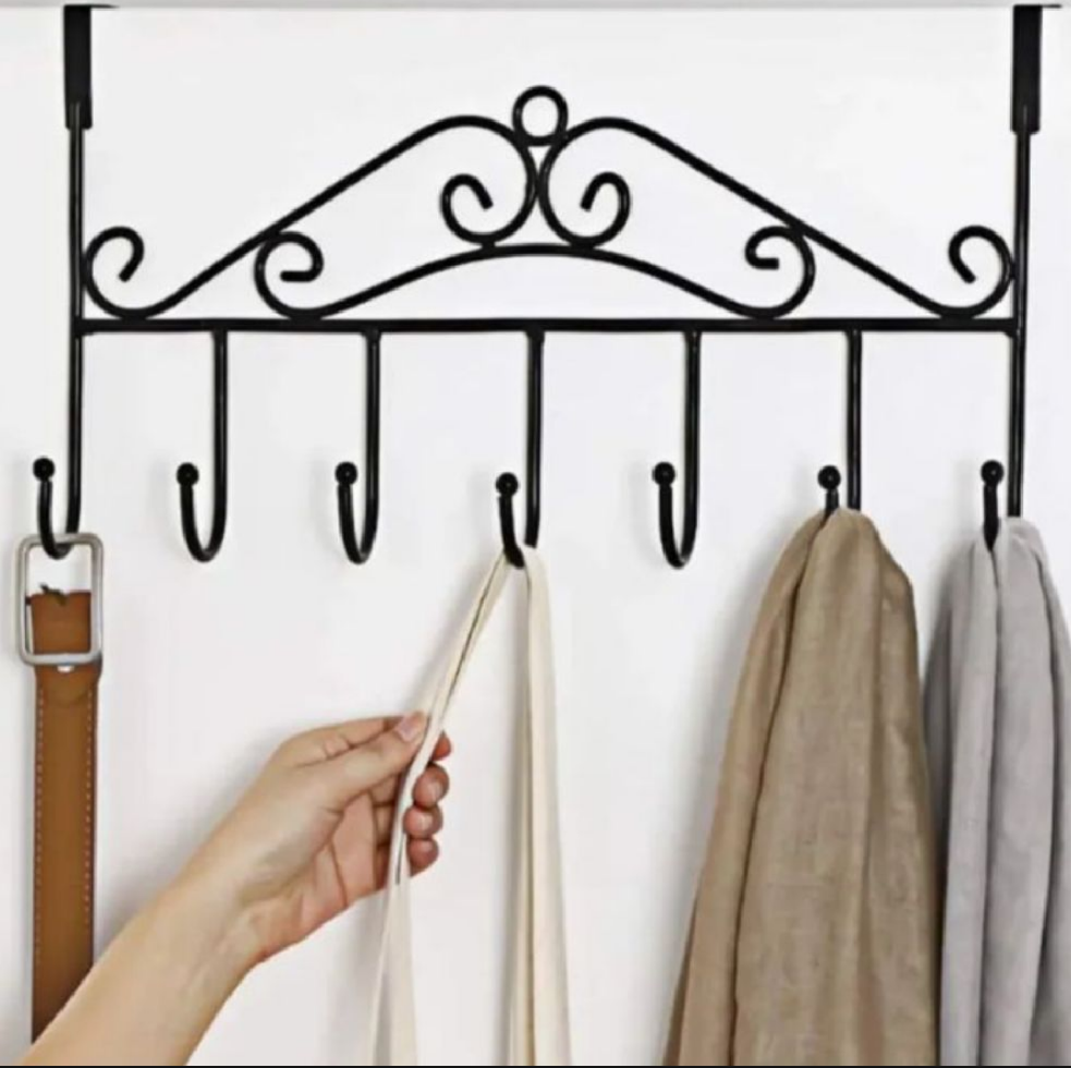 Over Door Hanger with 7 Hooks Metal Over the Door Towel Hook Organizer, Hanging Storage Rack for Hat, Coats, Purses, Scarves, Clothes, Jackets, Belt, Bedroom, Bathroom, Closet