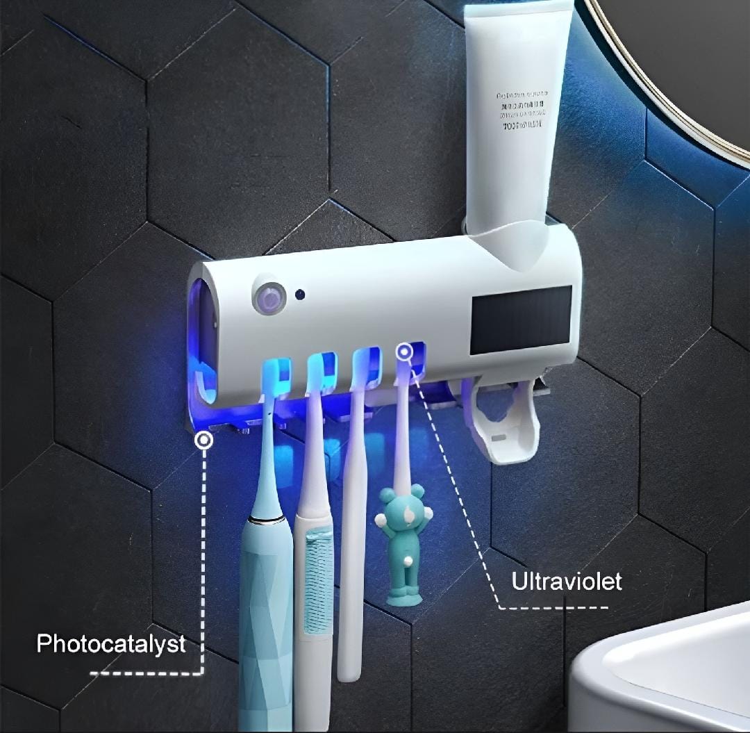 Solar UV Light Ultraviolet Toothbrush Sterilizer Automatic Toothpaste Dispenser Wall Mount with 4 Toothbrush Holder