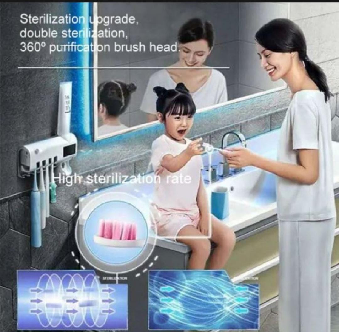 Solar UV Light Ultraviolet Toothbrush Sterilizer Automatic Toothpaste Dispenser Wall Mount with 4 Toothbrush Holder