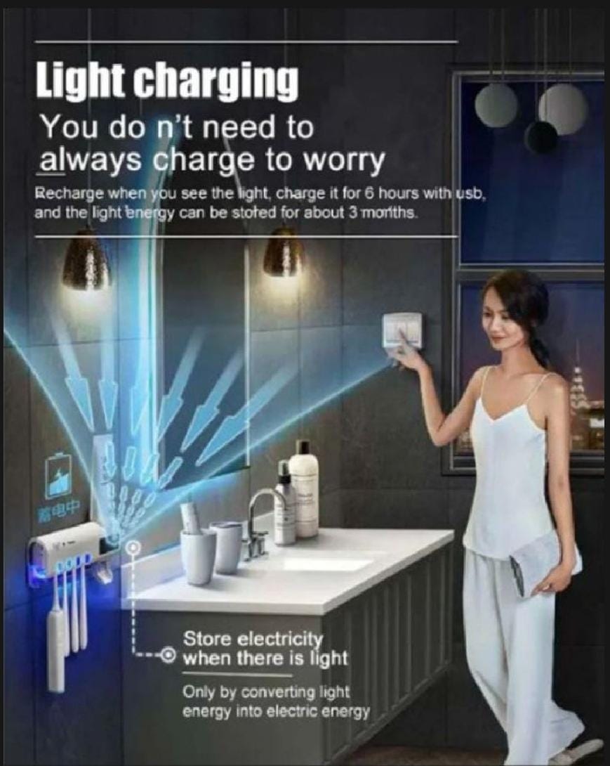 Solar UV Light Ultraviolet Toothbrush Sterilizer Automatic Toothpaste Dispenser Wall Mount with 4 Toothbrush Holder