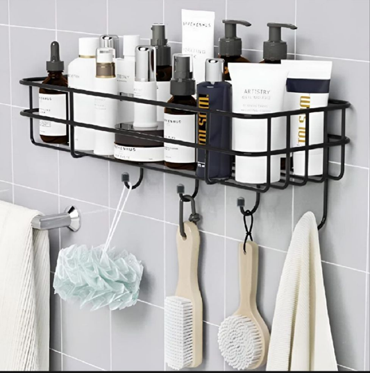 Organize Your Bathroom: Wall-Mounted Storage Shelf/Rack with Iron Hooks