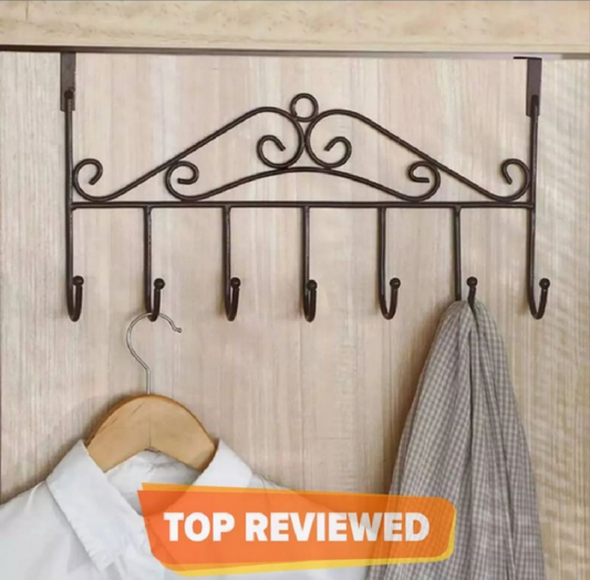Over Door Hanger with 7 Hooks Metal Over the Door Towel Hook Organizer, Hanging Storage Rack for Hat, Coats, Purses, Scarves, Clothes, Jackets, Belt, Bedroom, Bathroom, Closet