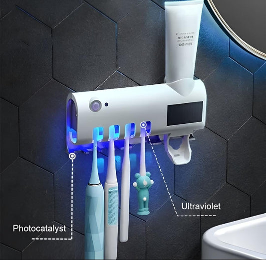 Solar UV Light Ultraviolet Toothbrush Sterilizer Automatic Toothpaste Dispenser Wall Mount with 4 Toothbrush Holder